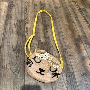 Cute Floral Cat Crossbody Bag in Natural Straw and Yellow